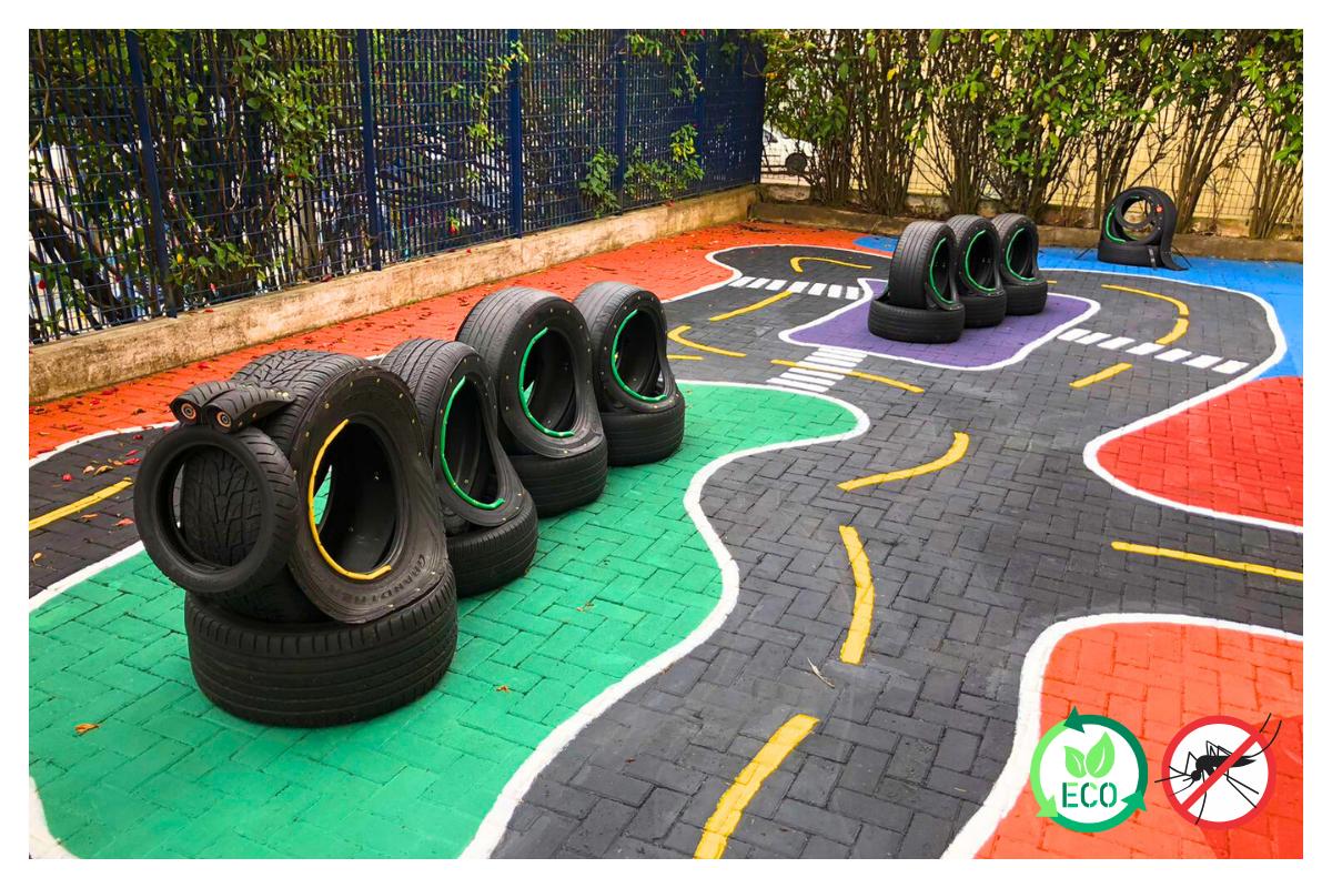 Brinquedos ecológicos em pneus para crianças